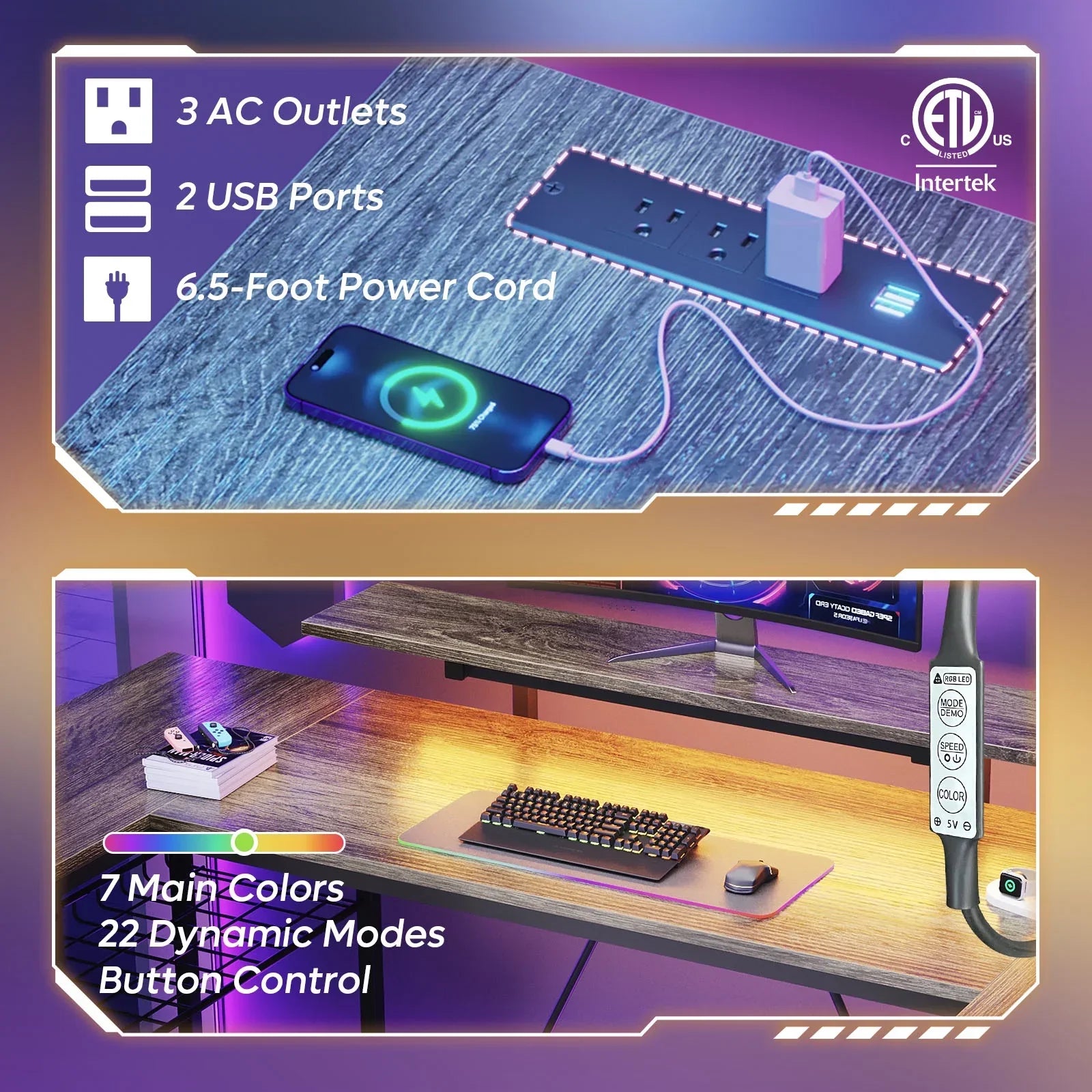 Modern desk setup with built-in power strip featuring 3 AC outlets, 2 USB ports, and RGB LED lighting with 7 colors and 22 modes