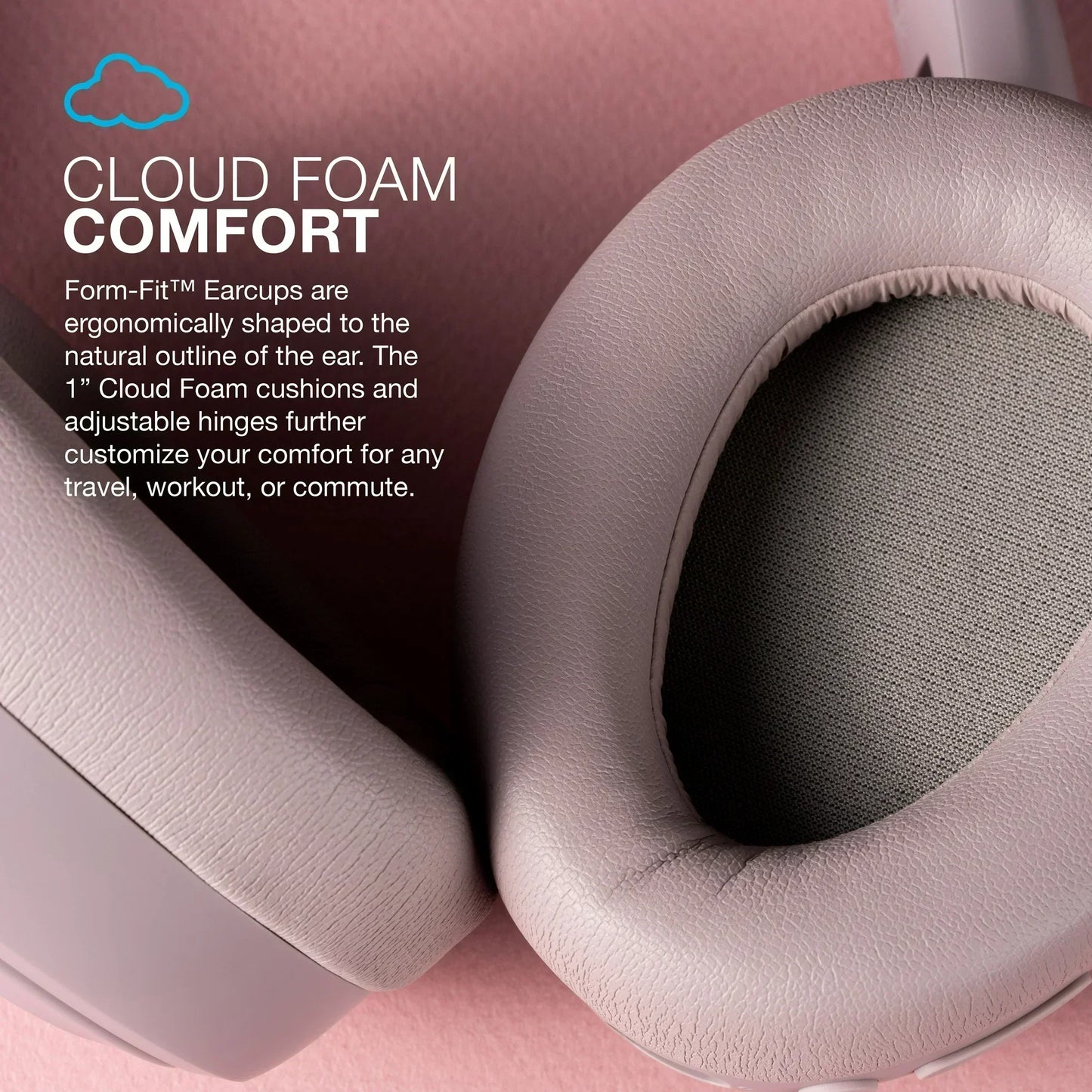 Close-up of cushioned over-ear headphone earcups with text highlighting cloud foam comfort