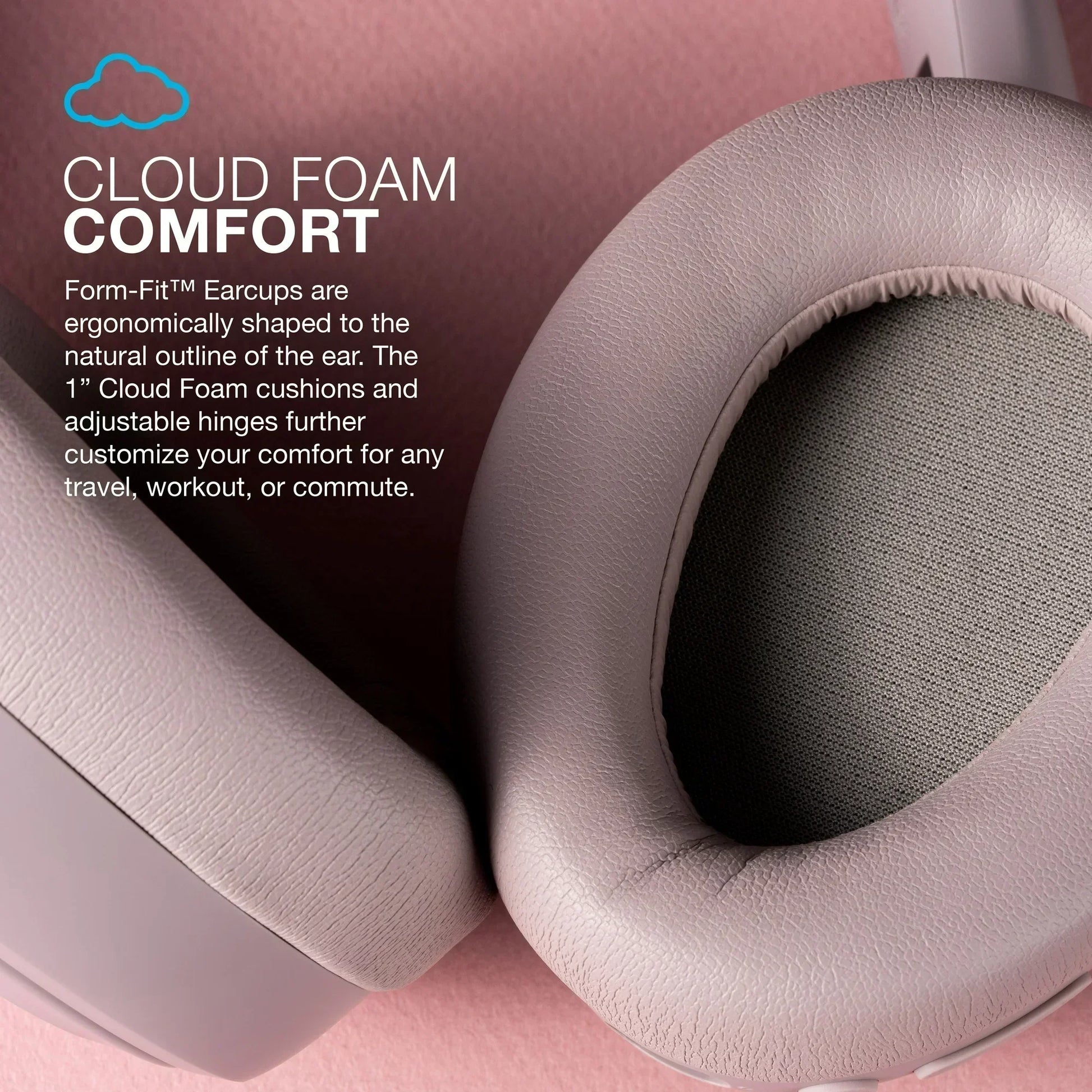Close-up of cushioned over-ear headphone earcups with text highlighting cloud foam comfort