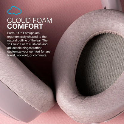 Close-up of cushioned over-ear headphone earcups with text highlighting cloud foam comfort