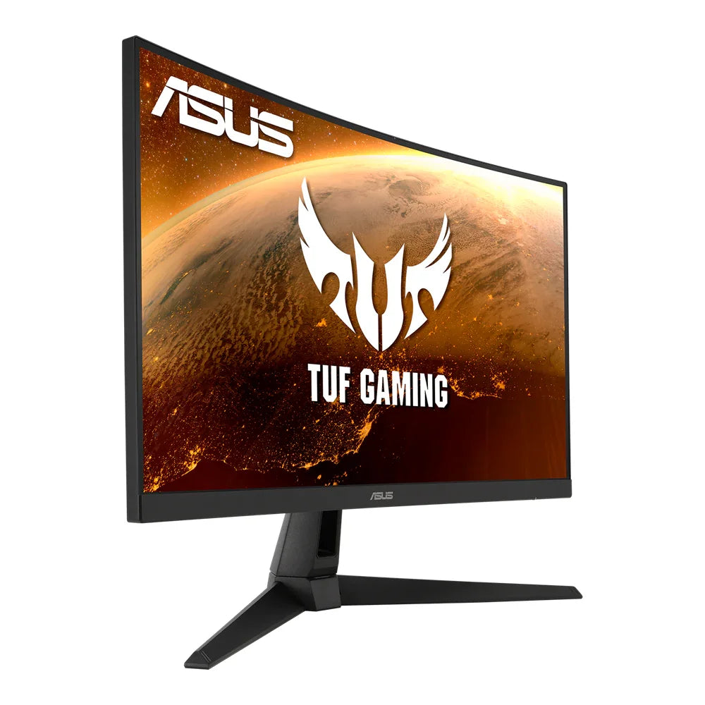 Curved ASUS TUF Gaming monitor with black stand displaying earth and TUF Gaming logo