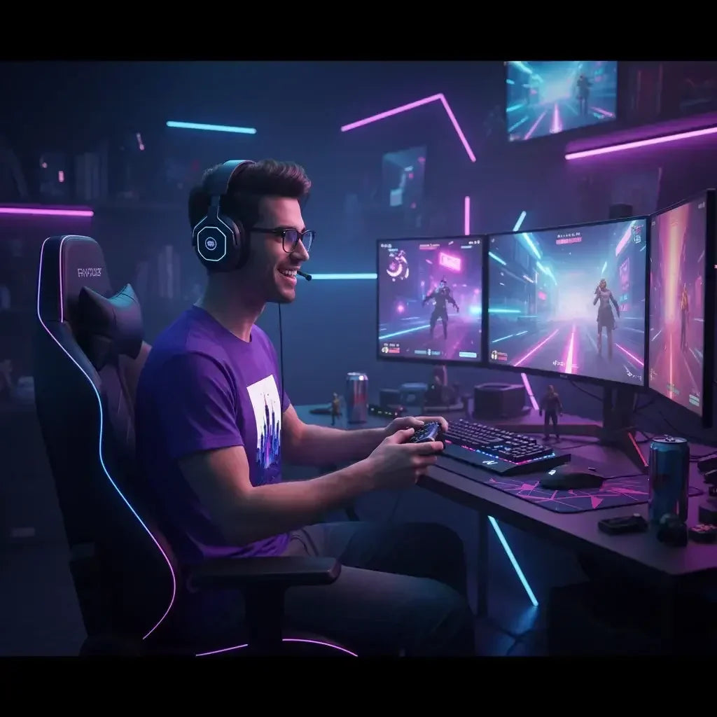Young man gaming on a triple monitor setup with neon lights, wearing headset and gaming chair