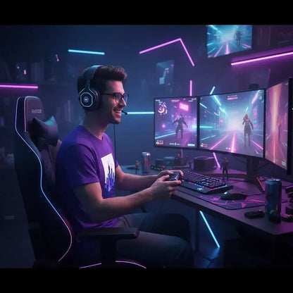 Young man gaming on a triple monitor setup with neon lights, wearing headset and gaming chair