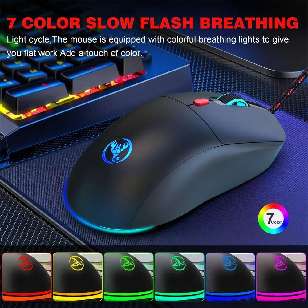 Black gaming mouse with 7-color slow flash breathing RGB lighting on keyboard and mousepad