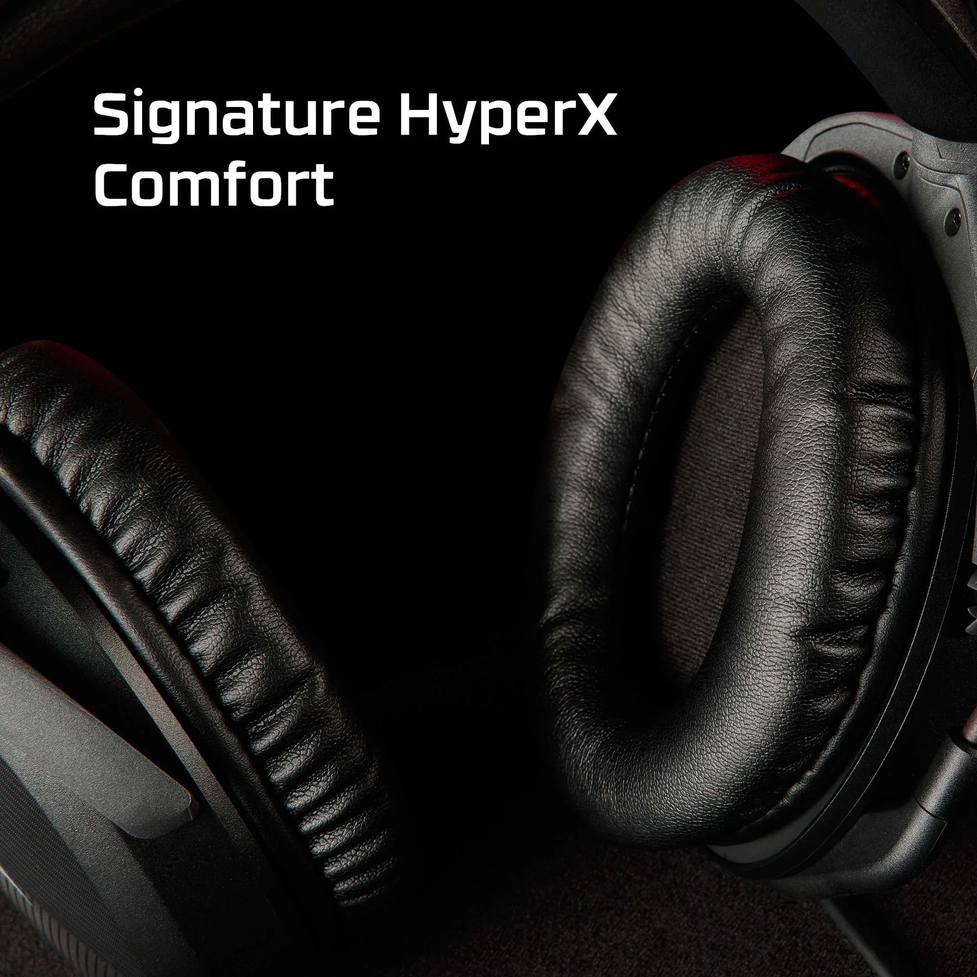Close-up of black HyperX gaming headphones ear cushions highlighting signature comfort