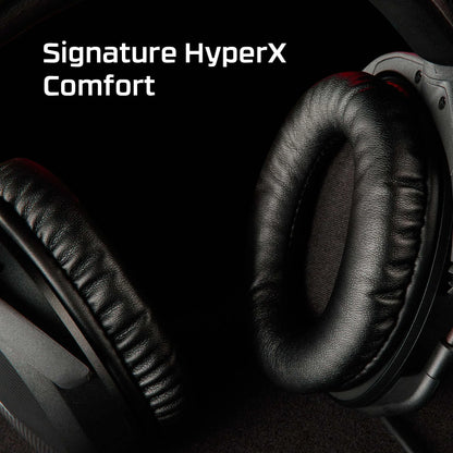 Close-up of black HyperX gaming headphones ear cushions highlighting signature comfort