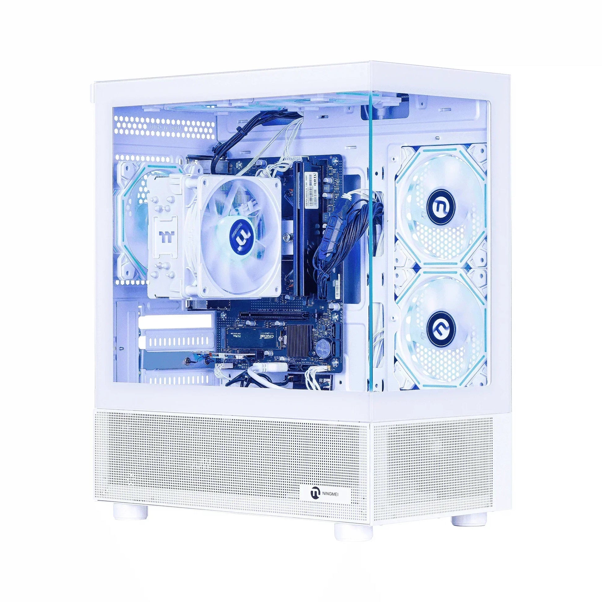 White gaming PC case with RGB cooling fans and clear side panel