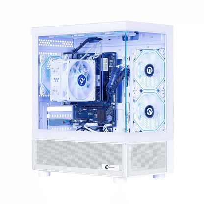 White gaming PC case with RGB cooling fans and clear side panel