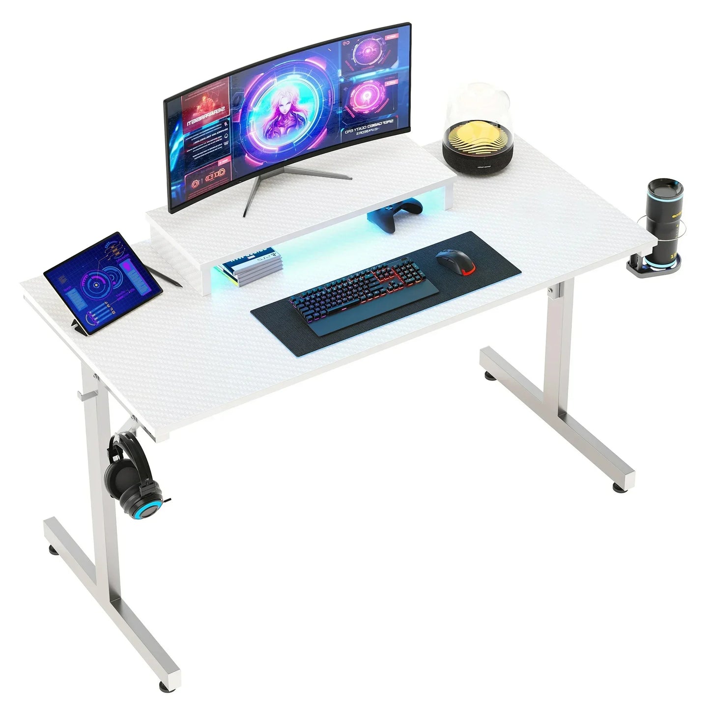 White gaming desk with curved monitor, keyboard, mouse, tablet, headset, cup holder, and ambient lighting