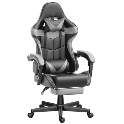Black and gray gaming chair with lumbar support, headrest, and adjustable armrests for ergonomic comfort