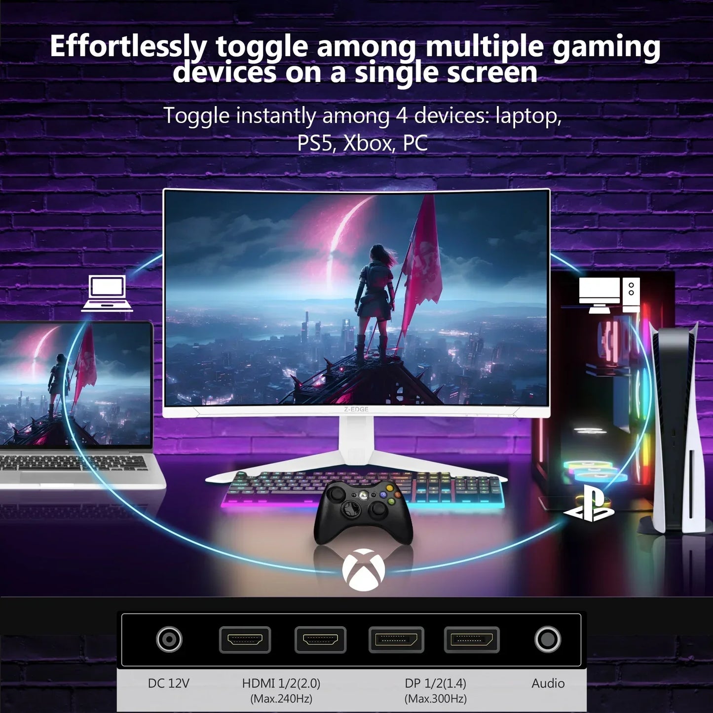 Gaming setup with laptop, PS5, Xbox, and PC connected to a RGB-backlit keyboard and ultra-wide monitor