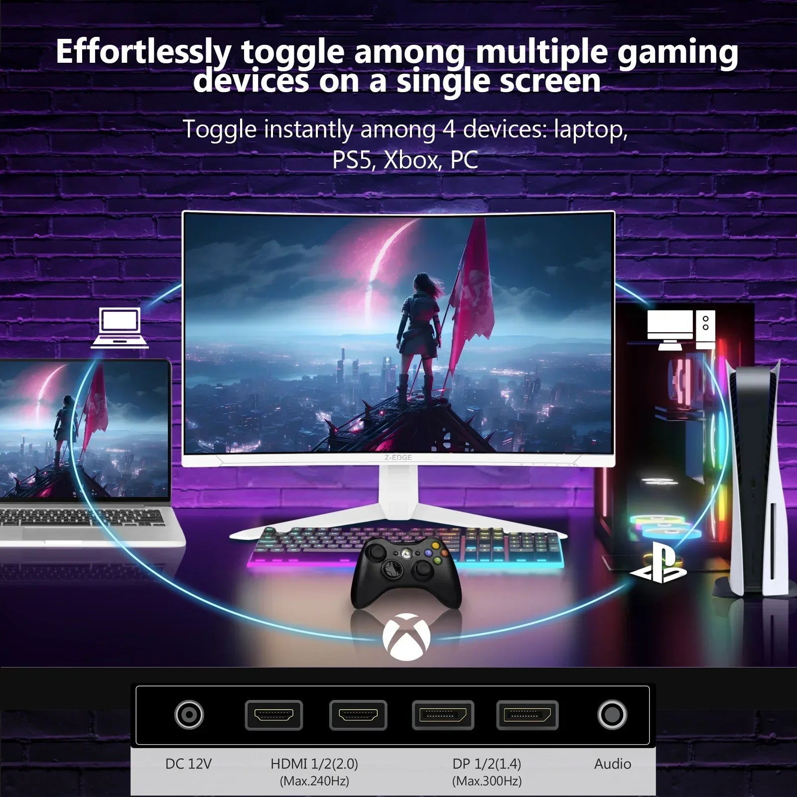 Gaming setup with laptop, PS5, Xbox, and PC connected to a RGB-backlit keyboard and ultra-wide monitor