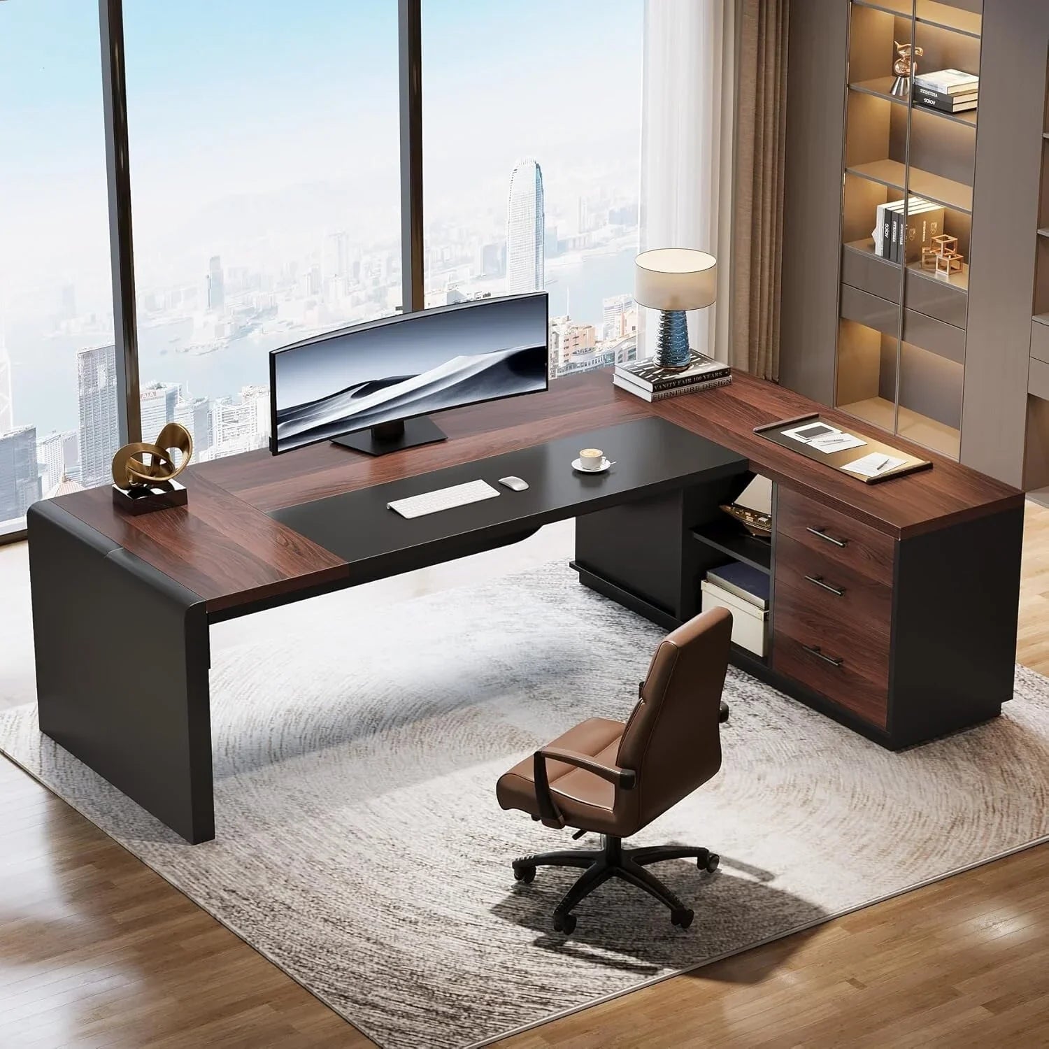 80 Inches Executive Desk, L-Shaped Office Desk with 55 Inches Cabine