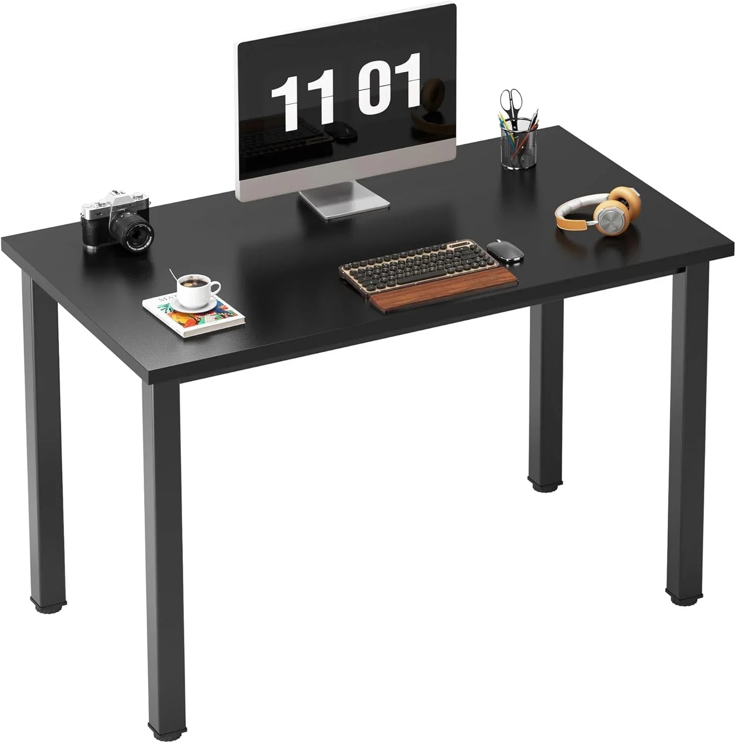 Computer Desk, 47 Inch Home Office Desk, Modern Simple Style Home Office Gaming Desk, Basic Writing Table for Study Student, Black Metal Frame, Black