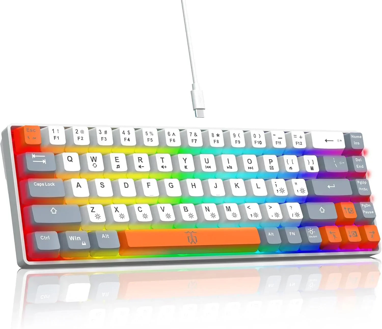 RGB backlit compact gaming keyboard with white and gray keycaps, orange accents, and USB-C cable
