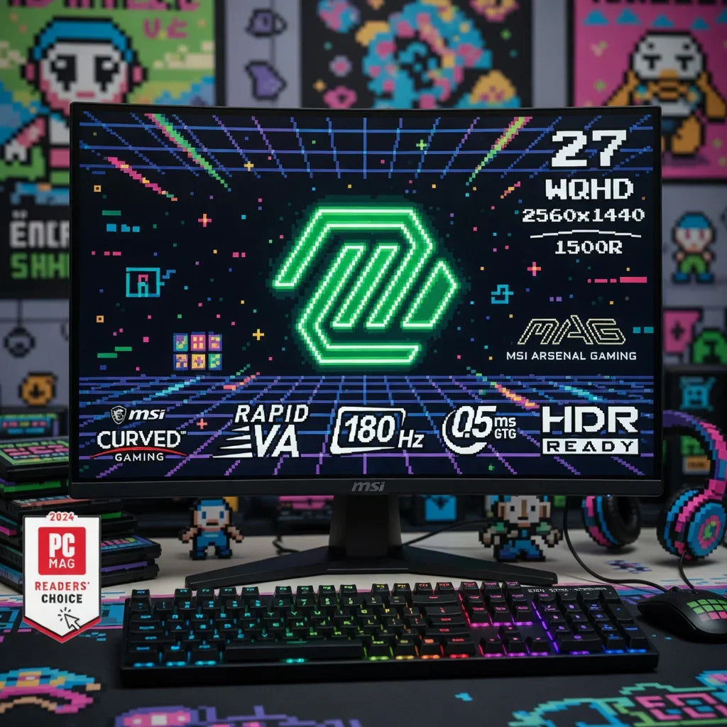 27-inch curved gaming monitor on a desk with RGB keyboard, 8-bit pixel art background