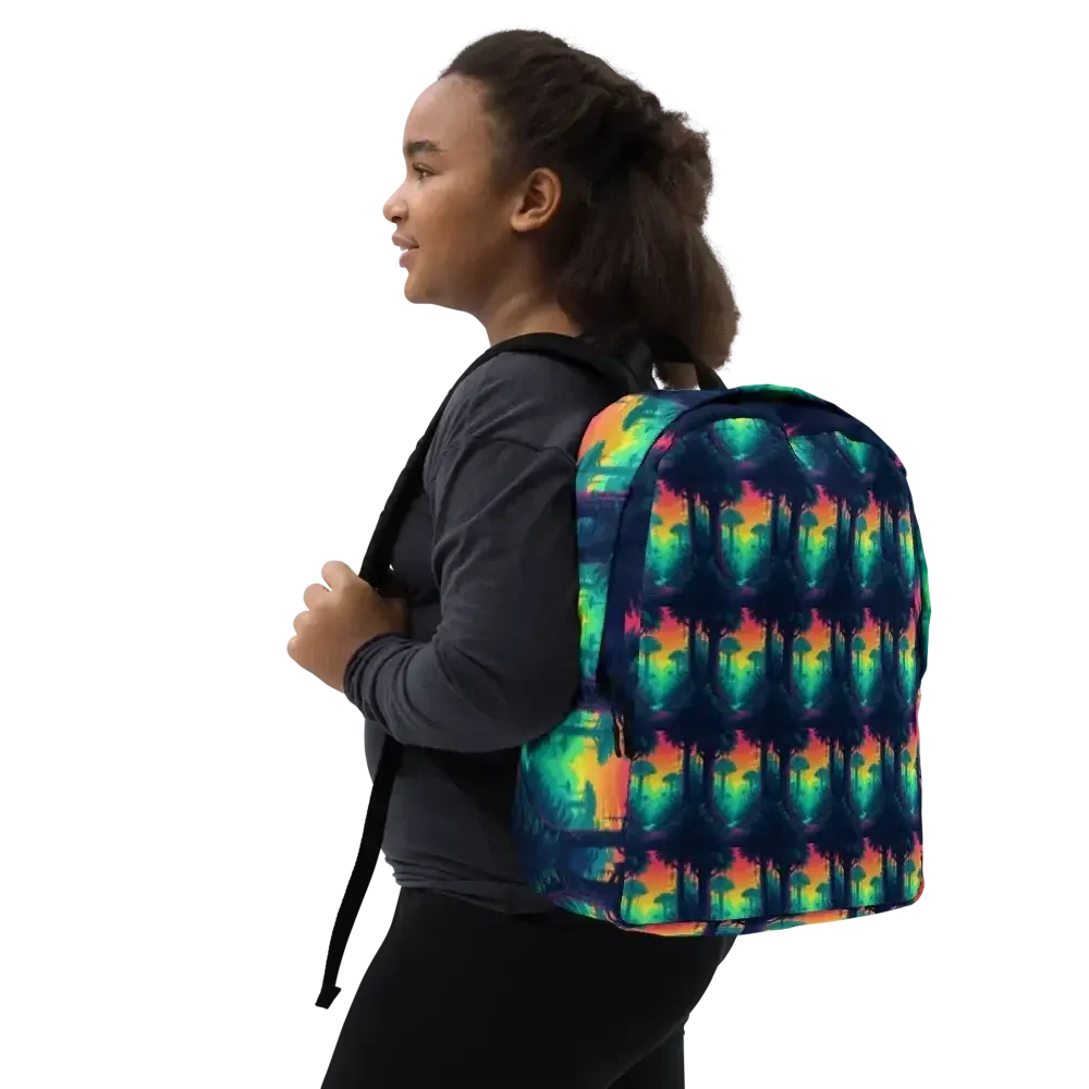Young girl wearing a colorful tropical palm tree print backpack with black straps