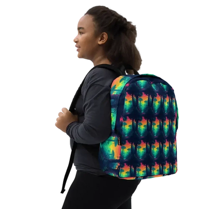 Young girl wearing a colorful tropical palm tree print backpack with black straps