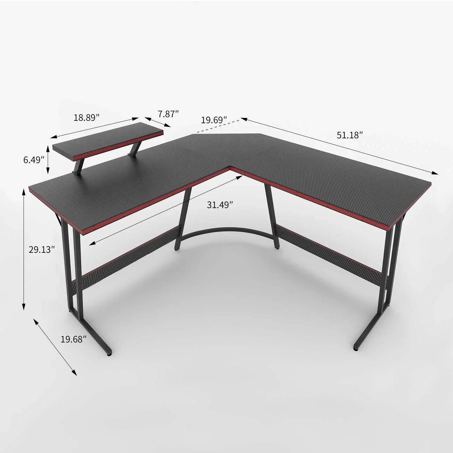 Black L-shaped gaming desk with red trim and attached elevated monitor stand showing dimensions