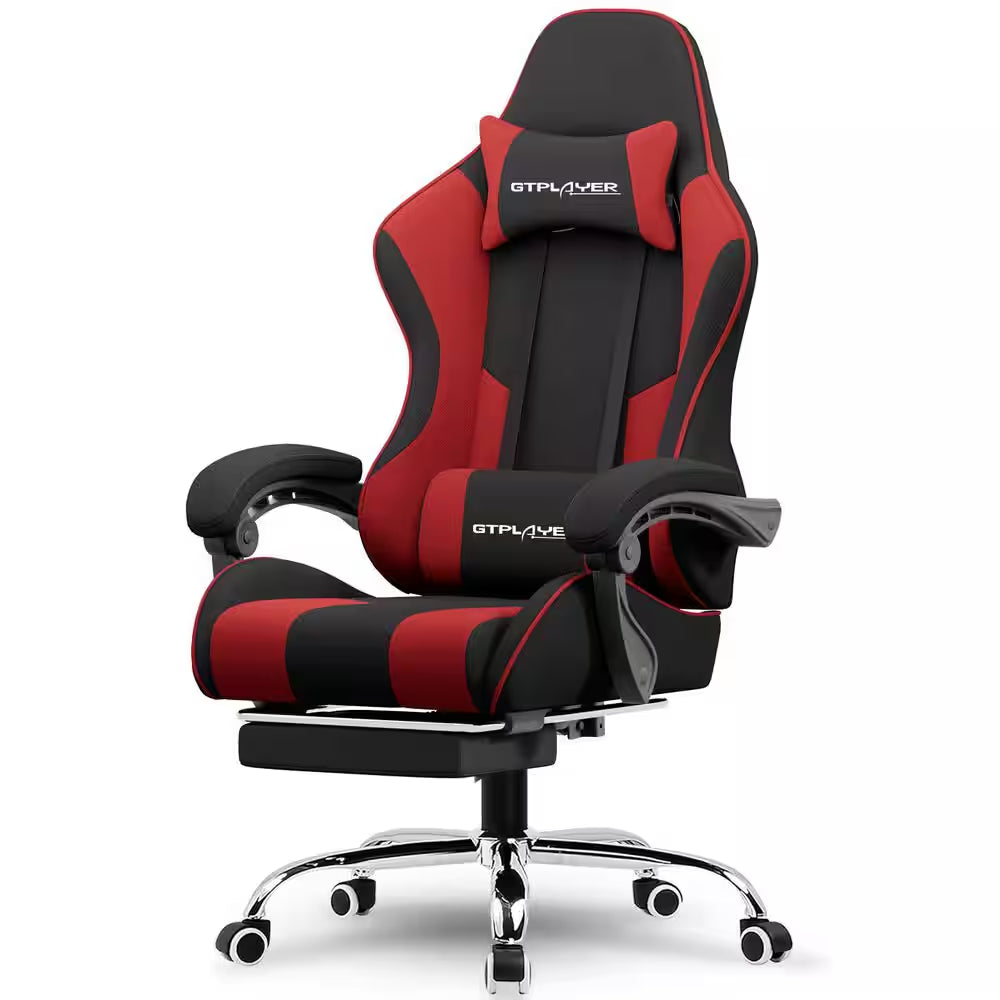Red and black GTPLAYER gaming chair with lumbar support, adjustable arms, and chrome base for ergonomic comfort