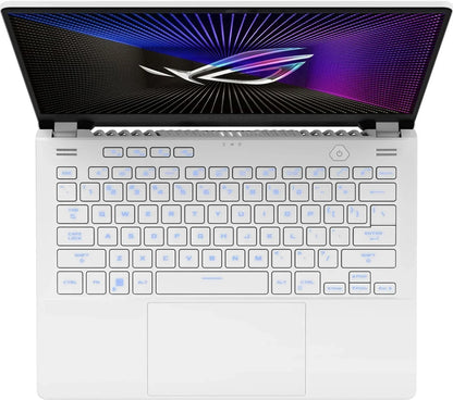 White gaming laptop with RGB backlit keyboard and open display featuring a colorful graphic