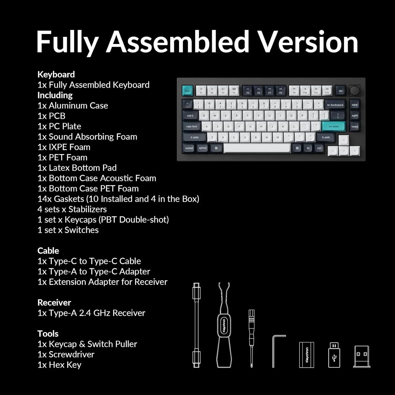 Byte Style fully assembled mechanical keyboard kit with keycaps, switches, foam, cables, and tools.