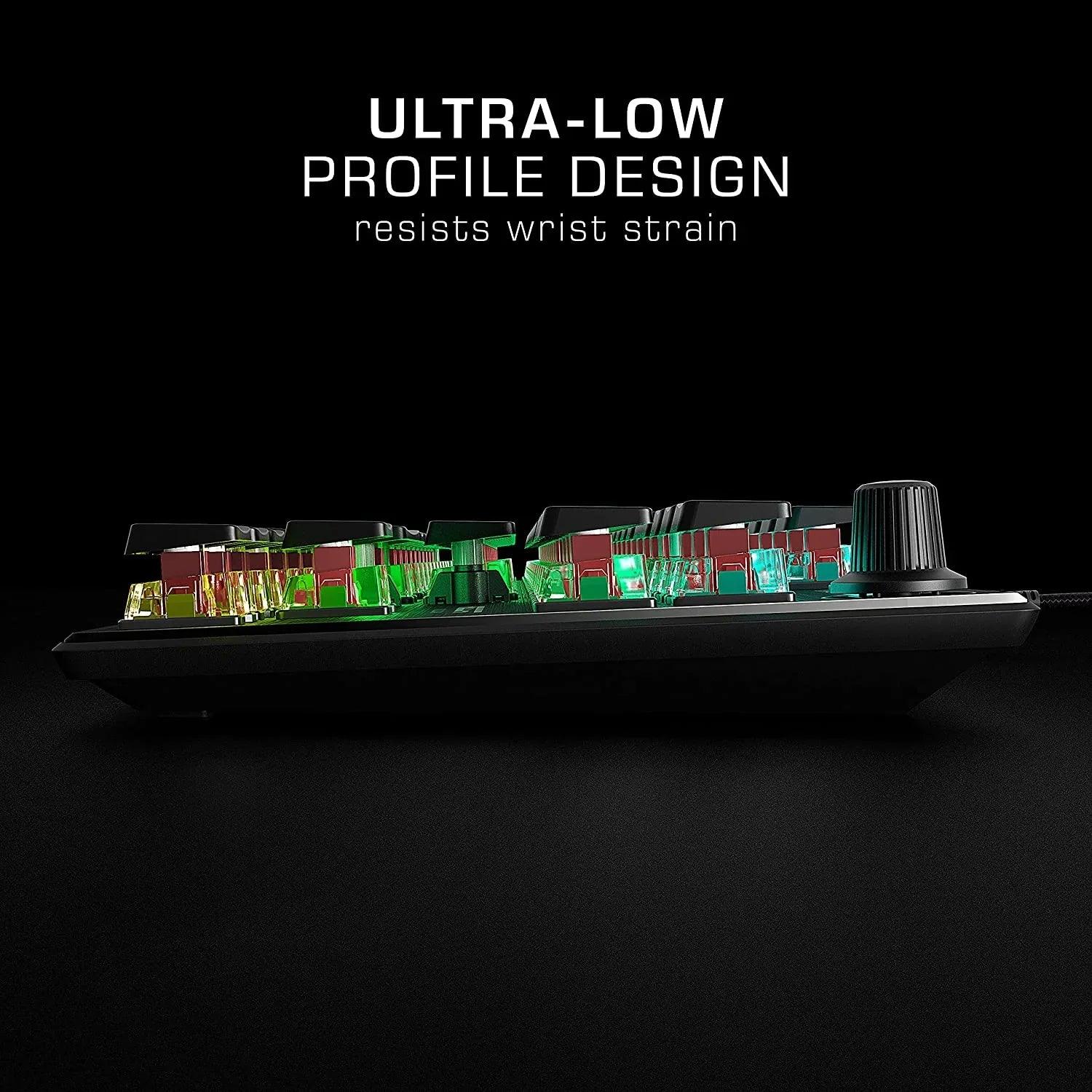 Ultra-low profile RGB gaming keyboard side view, modern ergonomic design, Byte Style gear