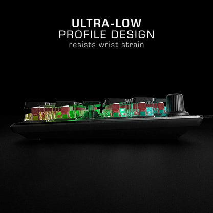 Ultra-low profile RGB gaming keyboard side view, modern ergonomic design, Byte Style gear
