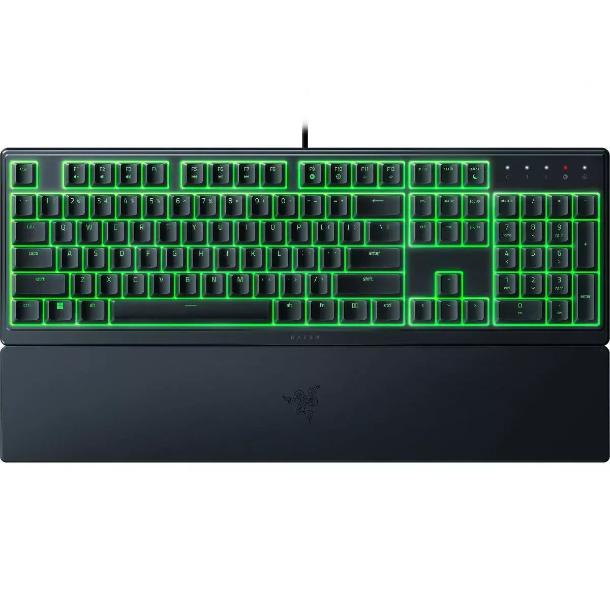 Razer gaming keyboard with green backlit keys and wrist rest, modern RGB gaming gear