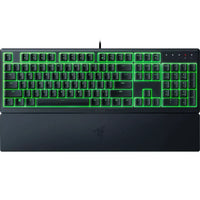 Razer gaming keyboard with green backlit keys and wrist rest, modern RGB gaming gear