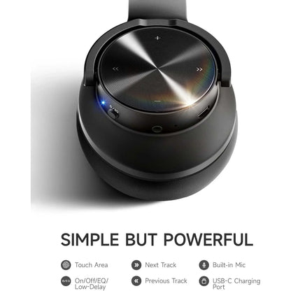 Close-up of black gaming headset earcup with touch controls, USB-C charging, mic, and EQ button