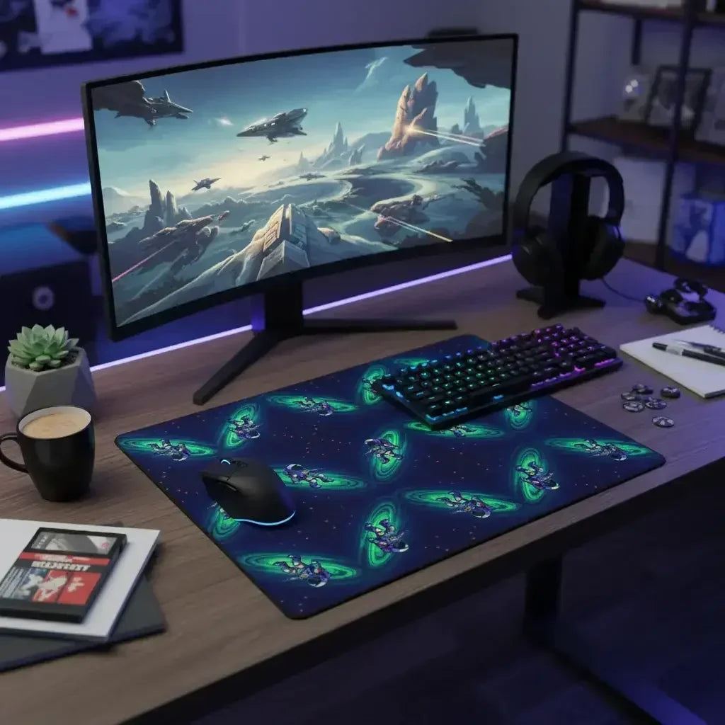 Curved monitor displaying sci-fi space battle above rocky terrain, colorful RGB keyboard and mouse on gaming desk