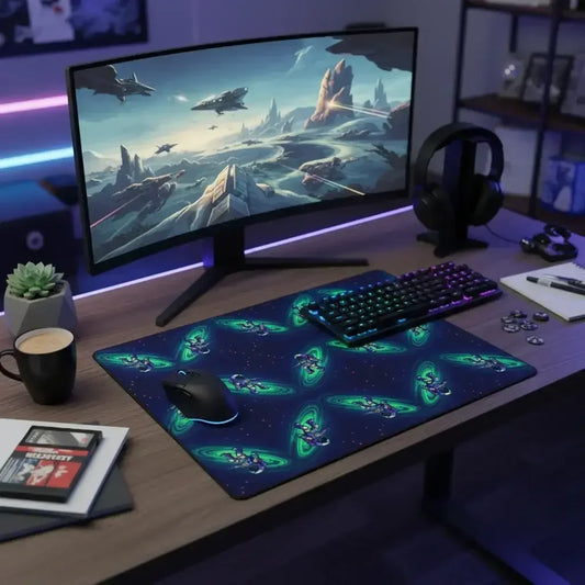 Curved monitor displaying sci-fi space battle above rocky terrain, colorful RGB keyboard and mouse on gaming desk