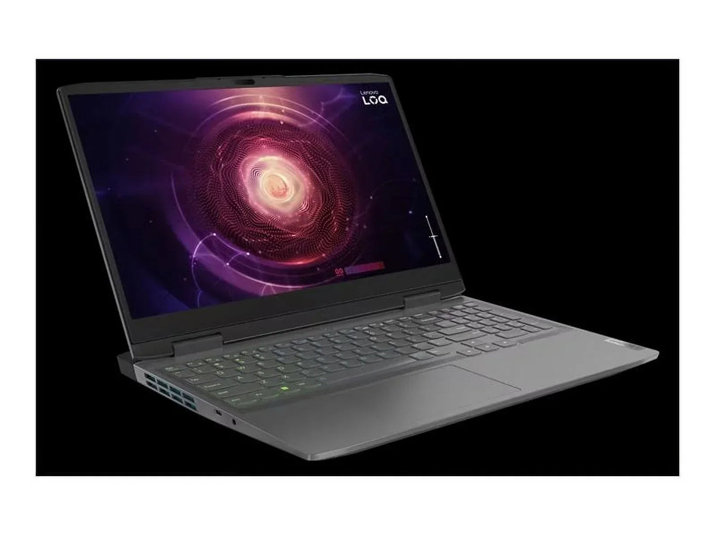 Lenovo LOQ gaming laptop open with RGB keyboard and sci-fi display on black background