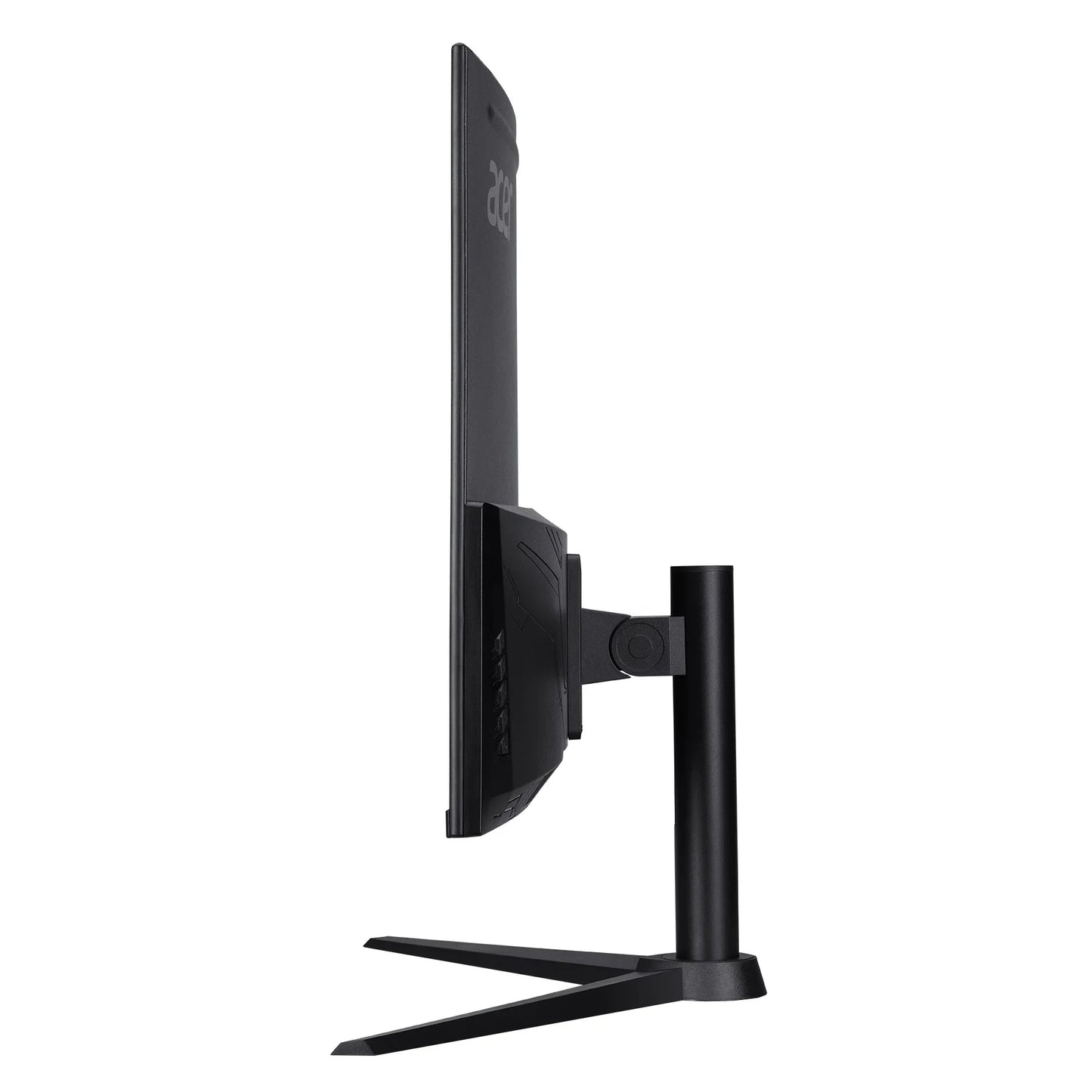 Side view of slim black Acer gaming monitor with adjustable stand on white background