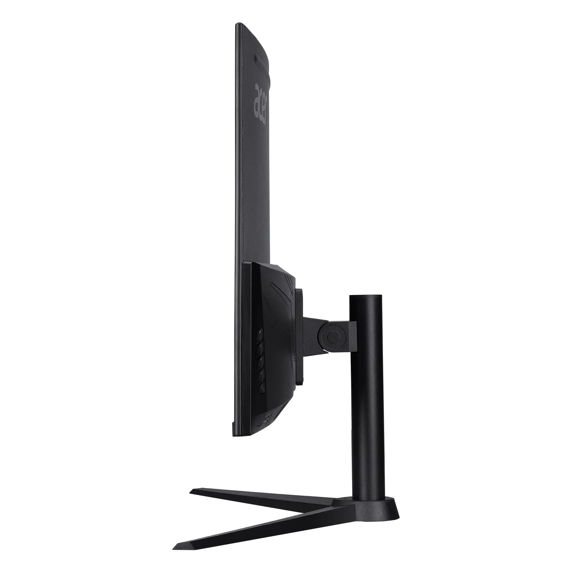 Side view of slim black Acer gaming monitor with adjustable stand on white background