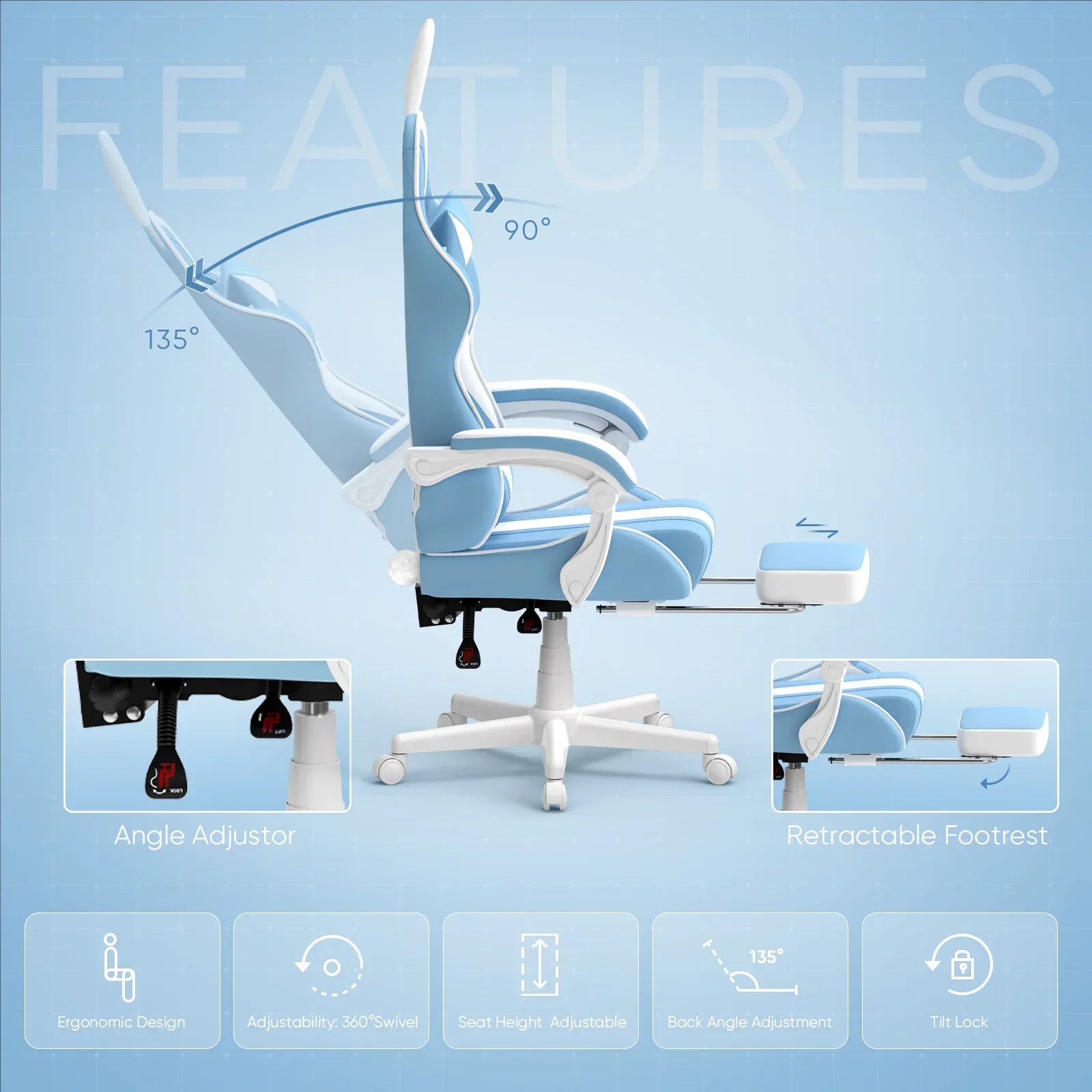 Light blue ergonomic gaming chair with adjustable 90 to 135-degree recline, retractable footrest, and 360-degree swivel