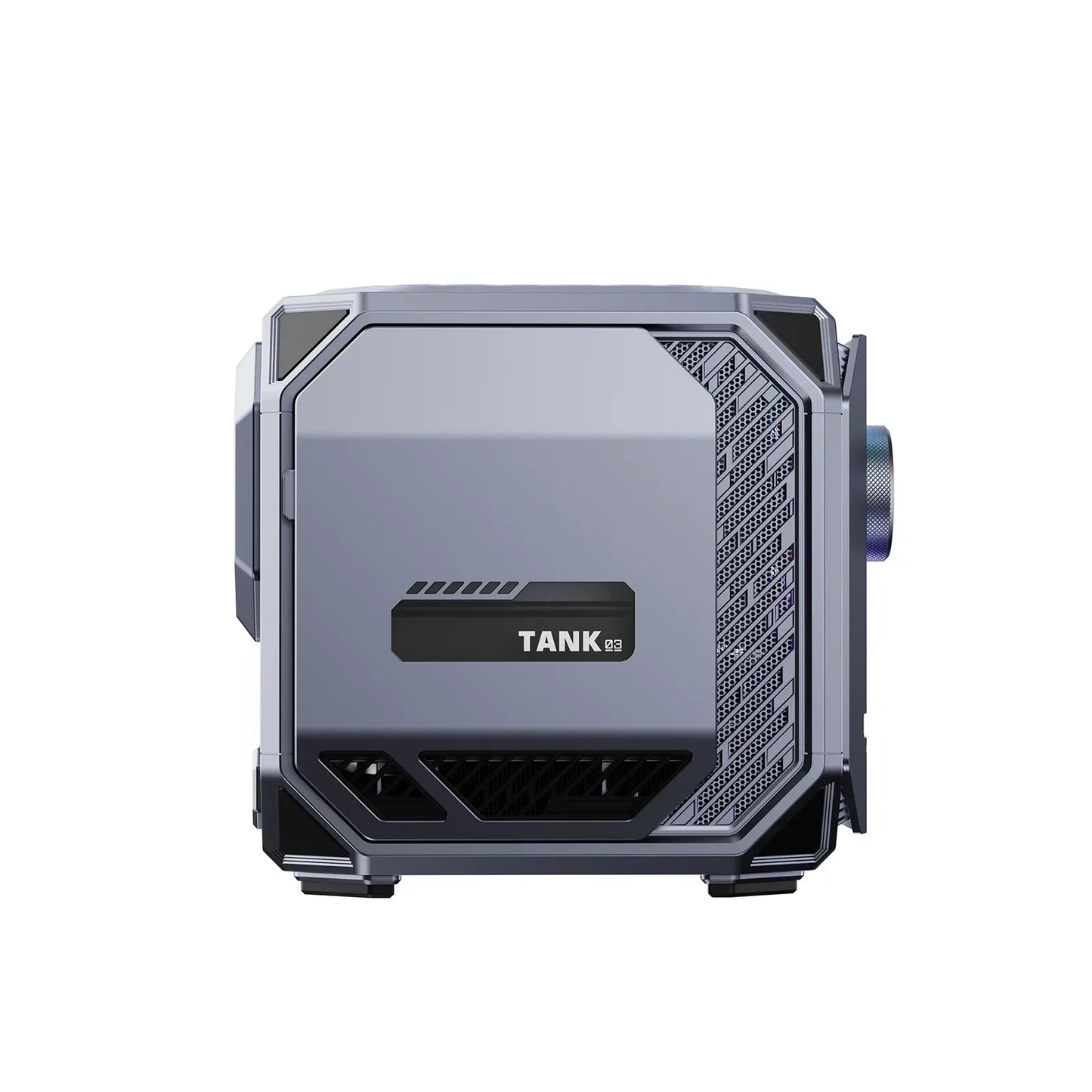 Futuristic gaming PC case in silver with TANK 03 label, side vents, and sleek angular design