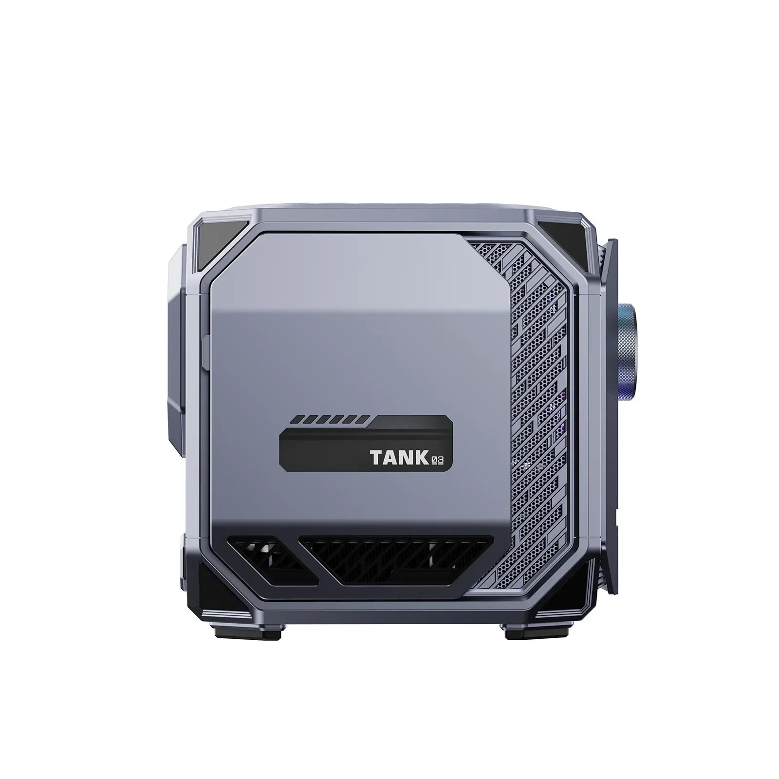 Futuristic gaming PC case in silver with TANK 03 label, side vents, and sleek angular design