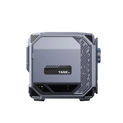 Futuristic gaming PC case in silver with TANK 03 label, side vents, and sleek angular design