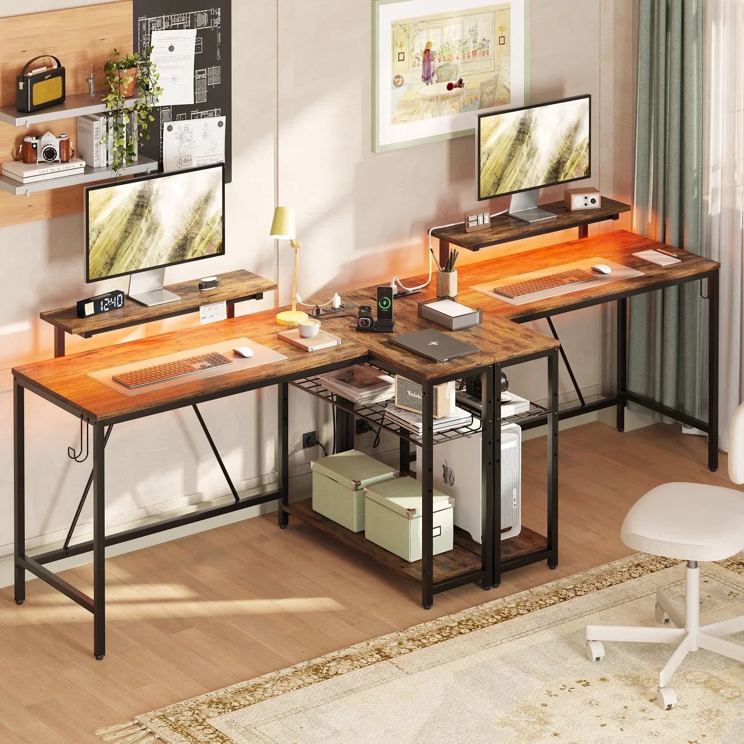 48" L Shaped Desk with LED Lights & Power Outlets, Corner Computer Desk with Monitor Stand for Home Office, Rustic
