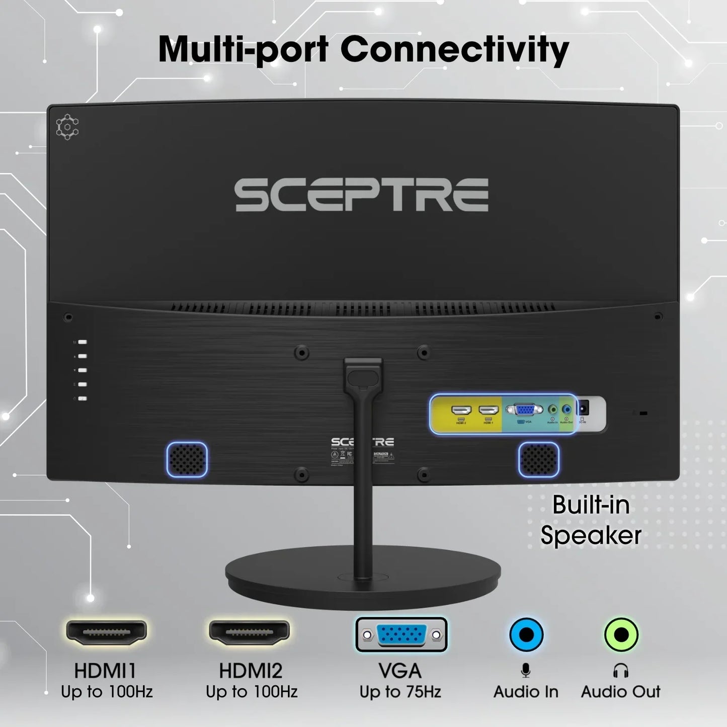 Back view of Sceptre monitor showing multi-port connectivity with two HDMI ports, VGA port, audio in/out jacks, and built-in speakers