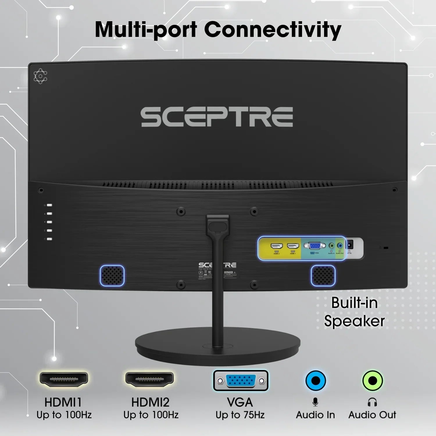 Back view of Sceptre monitor showing multi-port connectivity with two HDMI ports, VGA port, audio in/out jacks, and built-in speakers