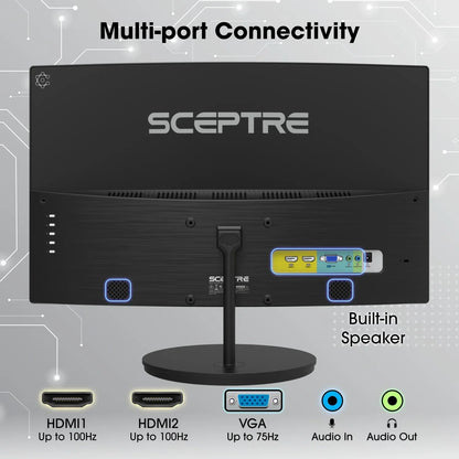 Back view of Sceptre monitor showing multi-port connectivity with two HDMI ports, VGA port, audio in/out jacks, and built-in speakers