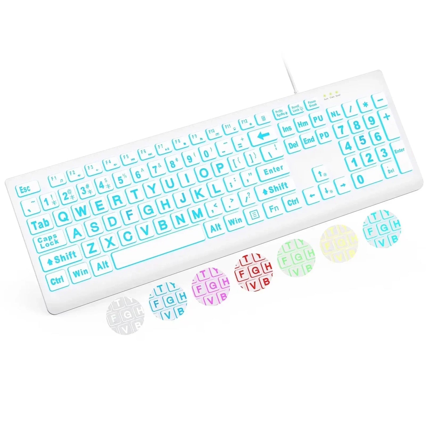 White illuminated gaming keyboard with large print keys and RGB color options from Byte Style.