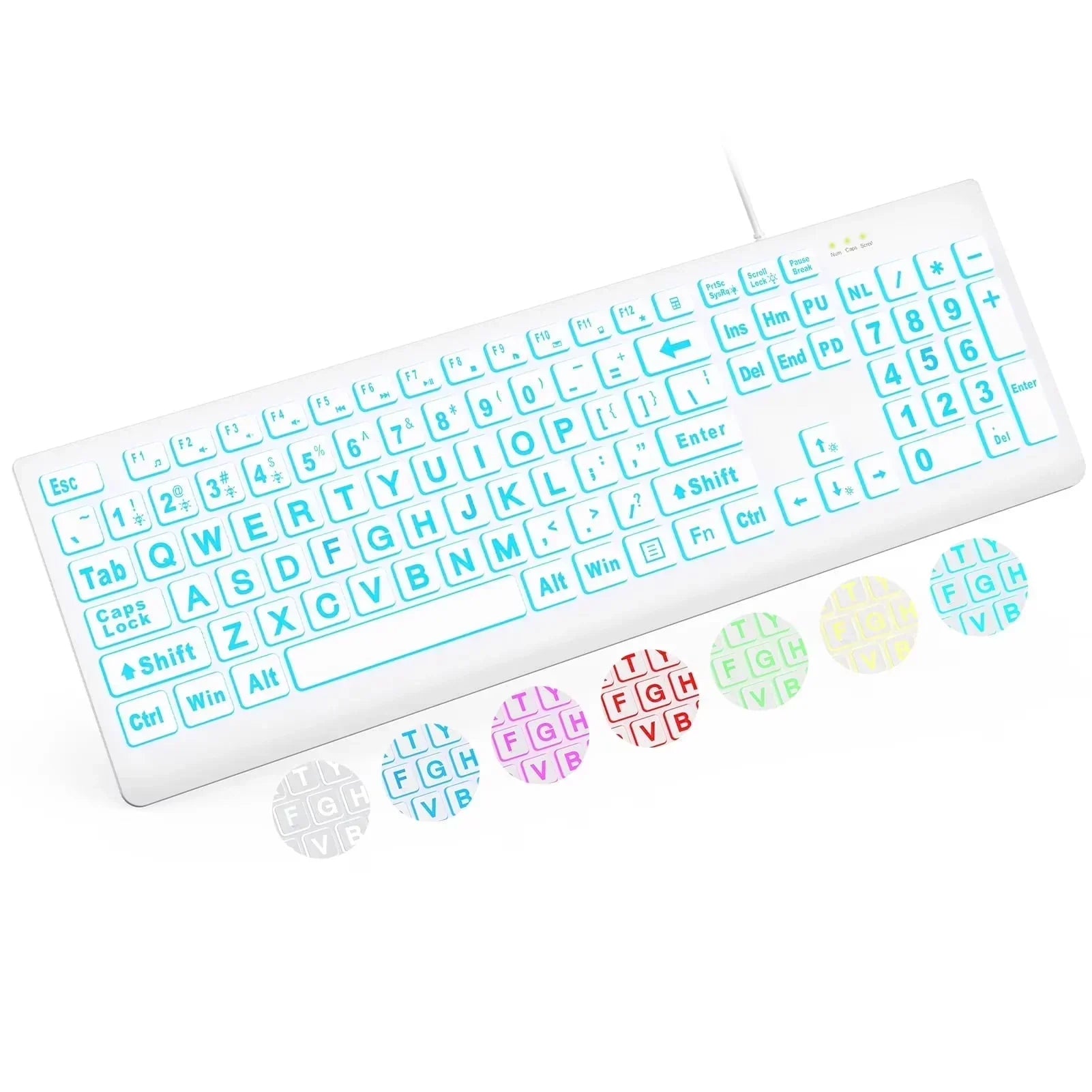 White illuminated gaming keyboard with large print keys and RGB color options from Byte Style.