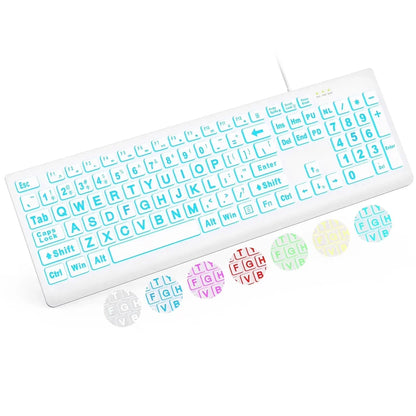 White illuminated gaming keyboard with large print keys and RGB color options from Byte Style.