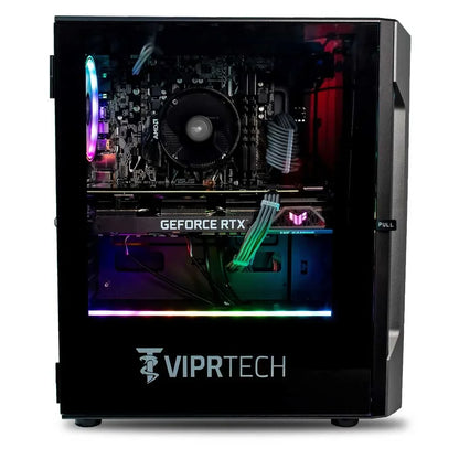 VIPR Tech gaming PC with GeForce RTX GPU, ASUS motherboard, AMD CPU, RGB lighting inside black case