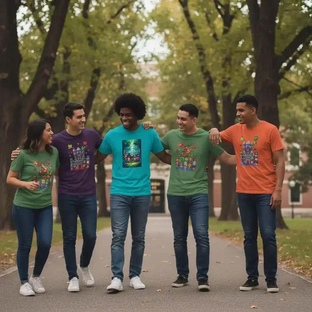 Group of five friends walking outdoors wearing colorful graphic t-shirts with castle and character designs