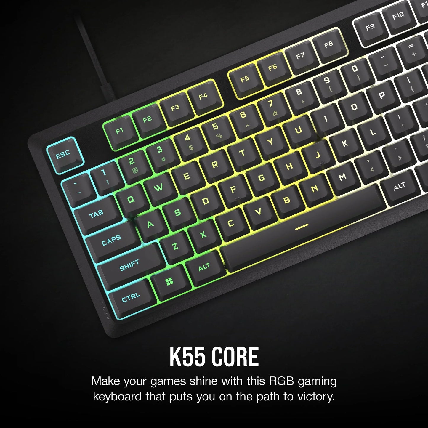 RGB-backlit gaming keyboard K55 Core on black background, modern PC gaming gear